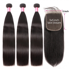 12A 【3PCS+ HD 5*5 Invisible Thin Lace closure】Malaysian Straight Hair Unprocessed Virgin Hair With 1PC HD Lace Closure Free Shipping