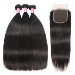 Elfin Hair 12A 【3PCS+ 4*4 Lace Closure】Straight Hair Unprocessed Virgin Hair With 1PC Brown/Transparent/HD Lace 4*4 Closure Free Shipping