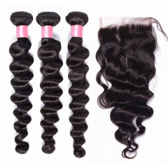 12A【3PCS+4*4 Lace closure】Malaysian Loose Wave Hair Unprocessed Virgin Hair With 1PC Lace Closure