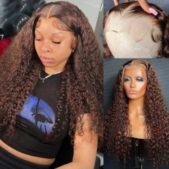 Elfin Hair 13A Dark Chocolate Brown Color Deep Wave 13*4 Transparent Lace Frontal Wig 200%/250% Density Wet And Wavy Curls Wig