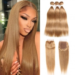 12A 【3PCS+4*4 Lace closure】#27 Honey Brown Color Straight Hair Unprocessed Virgin Hair With 1PC Lace Closure