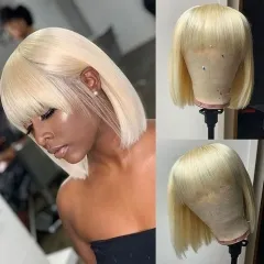 Elfin Hair New In 613 Fringe Bangs Bob Wig Full Machine Made Wig Blonde Color 150% Density No Lace Glueless Bob Wig Human Hair