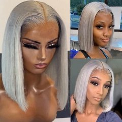 Elfin Hair 13*4 Grey Color 180% Density Transparent Lace Frontal Wig Short Bob 10-14inch