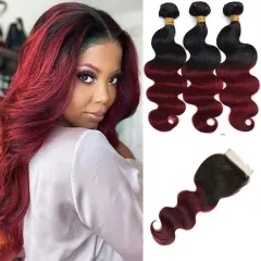 12A 【3PCS+ ombre closure 】Brazilian Straight/Body wave 1b-27/1b-99j/1b-30 Silky Hair Unprocessed Virgin Hair With 1PC Ombre Lace Closure  Free Shippin