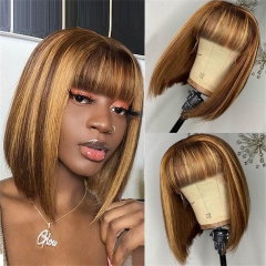 Elfin Hair P4/27 Highlight Glueless Bob Wig 150% Density Bangs Bob Wig Full Machine Made No Lace Straight Hair