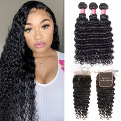 12A 【3PCS+ HD Lace 5*5 】Deep Wave Curly Hair Unprocessed Virgin Hair With 1PC Thin Lace HD Lace Closure