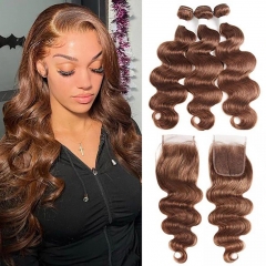 Elfin Hair 12A #4 Brown Color【3PCS+ 4*4 Lace Closure】Body Wave Hair Unprocessed Virgin Hair With 1PC Transparent Lace 4*4 Closure