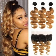 Elfin Hair 12A 1b/27 Hair【3PCS+ 13*4 Lace Frontal】Human Hair Bundles Unprocessed Virgin Hair With 1PC 13*4 Lace Frontal