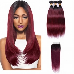 12A 1b/99j【3PCS+4*4 Lace closure】Straight Hair Unprocessed Virgin Hair With 1PC Lace Closure