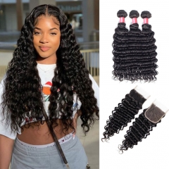 12A 【3PCS+4*4 Lace Closure】Malaysian Deep Wave Unprocessed Virgin Hair With 1PC Lace Closure