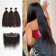 12A 【3PCS+13*4 Lace Frontal】Malaysian Kinky Straight Hair Unprocessed Virgin Hair With 1PC Lace Closure