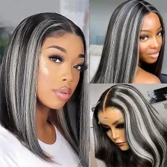 【New In】Elfin Hair 13A Highlight Bob Wig Grey Highlights Platinum Color 13*4 Lace Frontal Bob Wig 180% Density Transparent Lace Wig
