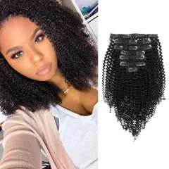 Afro Kinky Curly Clip In Hair Human Hair Set of 5pcs/8pcs/10pcs Natural Black Full Head High-Quality Clip In Hair Extension For Black Women