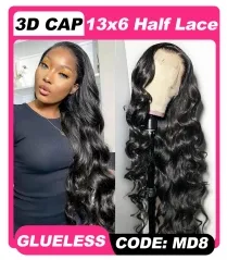 【3D HALF LACE】13x6 GLUELESS Half Lace Body Wave Frontal Wig 180%/250% Density Invisible Knots Pre-Plucked Transparent Lace Wig