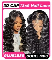 【3D HALF LACE】13x6 GLUELESS Half Lace Loose Wave Frontal Wig 180%/250% Density Invisible Knots Pre-Plucked Transparent Lace Wig