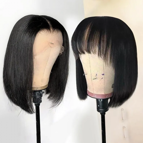 【Buy One Get One】Elfin Hair 2 Wigs Wholesale 13*4 Transparent Lace Bob Wig 180% Density & FREE 10Inch Bangs Bob Wig Full Machine Made