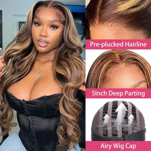 P4/27 Highlights Pre-cut Lace Glueless Wig 5*5 HD Closure 200% Density Wig Preplucked Natural Hairline