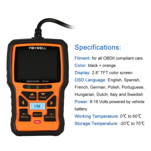 Foxwell NT301 CAN OBDII/EOBD Code Reader Support Multi-Languages