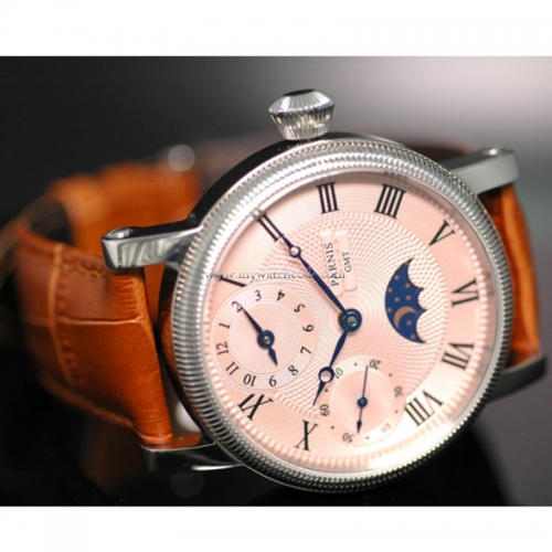 42mm parnis pink dial GMT leather strap hand winding movement mens watch PA61