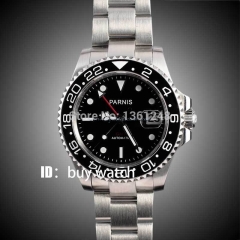 40mm Parnis black dial Sapphire glass Ceramic bezel red GMT hands date automatic mens watch 146