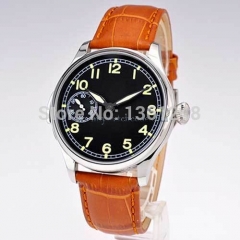 44mm parnis black dial brown leather strap ST 6497 Mechanical ST manual wind mens watch P1