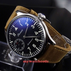 44mm parnis black dial blue luminous 6497 movement hand winding mens watch 397