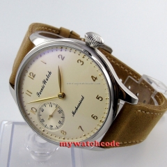 44mm parnis light yellow dial big pilot 6497 movement hand winding mens watch396