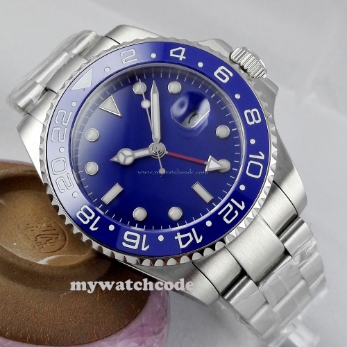 43mm parnis blue dial GMT Ceramic Bezel sapphire automatic mens watch 297