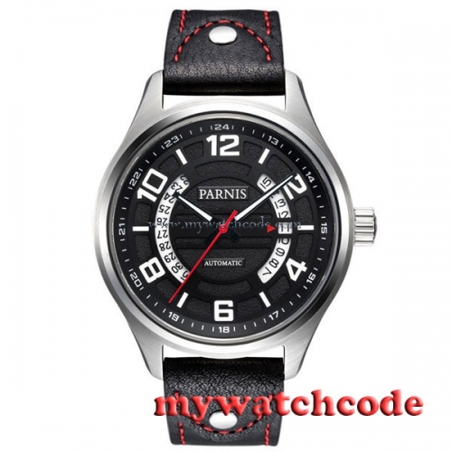 Parnis black dial Genuine leather Sapphire Glass miyota Automatic mens Watch 376