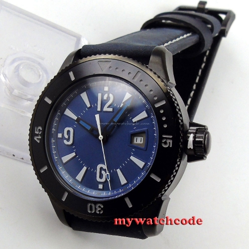 43mm BLIGER blue dial PVD case date automatic submariner mens wrist watch 3