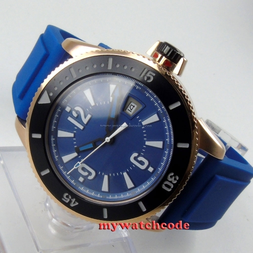 43mm BLIGER blue dial date rose golden automatic submariner mens wrist watch 9