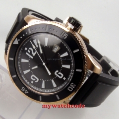 43mm BLIGER black dial rose golden rubber strap automatic submariner mens watch