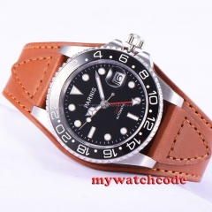 40mm Parnis black dial leather strap Sapphire glass GMT automatic mens watch 381