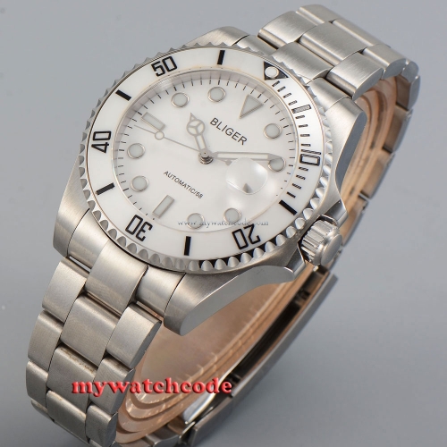 43mm Bliger white dial date window sapphire crystal automatic mens watch P34B