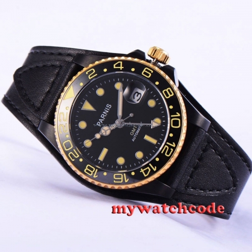 40mm Parnis black dial PVD case Automatic movement sapphire glass Mens Watch 533