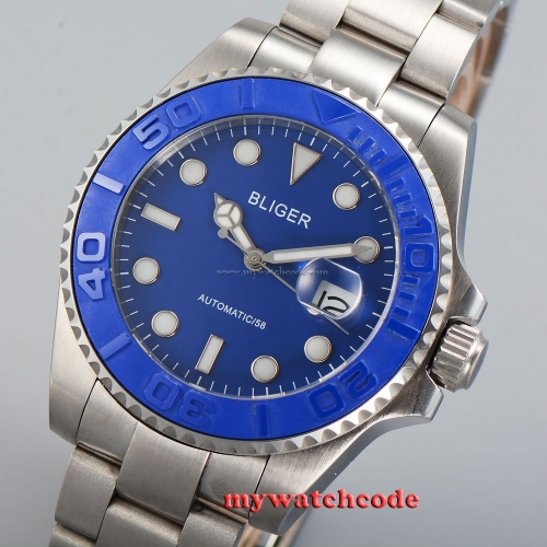 43mm Bliger blue dial SUB ceramic bezel sapphire glass automatic mens watch P32