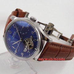 43mm parnis blue dial brown strap power reserve ST automatic mens watch 547