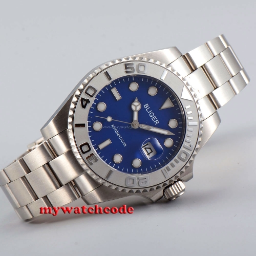 Bliger blue dial date GMT blue luminous sapphire glass automatic mens watch P41