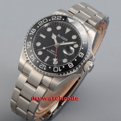 43mm bliger black dial blue luminous GMT sapphire glass automatic mens watch B36