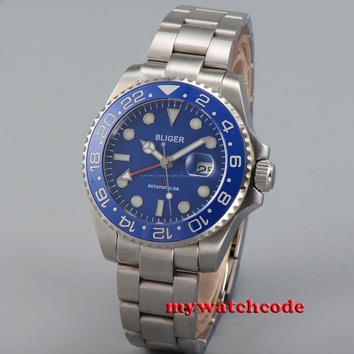 43mm bliger blue dial ceramic Bezel date sapphire glass automatic mens watch P38