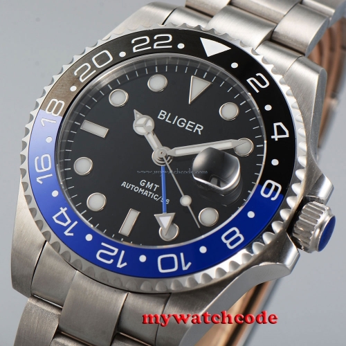 43mm bliger black dial ceramic bezel GMT sapphire glass automatic mens watch P6