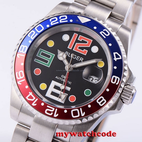 40mm Bliger black dial GMT date window automatic movement mens unsex watch B45
