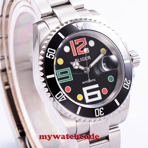 40mm Bliger black dial sapphire crystal date automatic movement mens watch B43