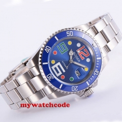 40mm Bliger blue dial colorized mark sapphire date automatic movement mens watch