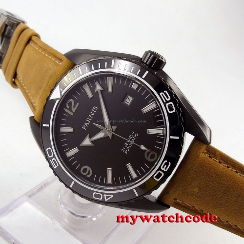 45mm Parnis black dial PVD case Sapphire Glass miyota Automatic mens Watch 305B