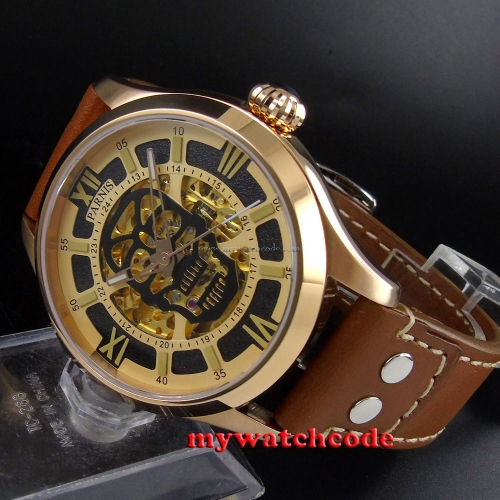 45mm Parnis skeleton Gold dial 21 jewels miyota 8N24 Automatic Mens Watch 588B