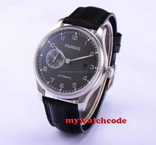 43mm parnis gray dial ST movement automatic black leather mens watch P586
