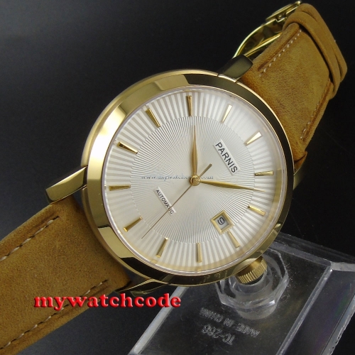 41mm Parnis white dial golden case Sapphire Glass Automatic mens Watch 590B