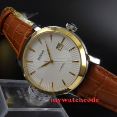 41mm Parnis white dial golden bezel Sapphire Glass Automatic mens Watch 589B