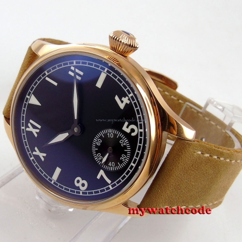 44mm parnis black dial rose golden plated case 6498 hand winding mens watch P587